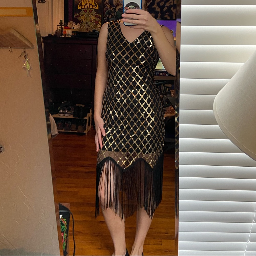 Black Gold Sequin Fringe New Years Flapper Dress
